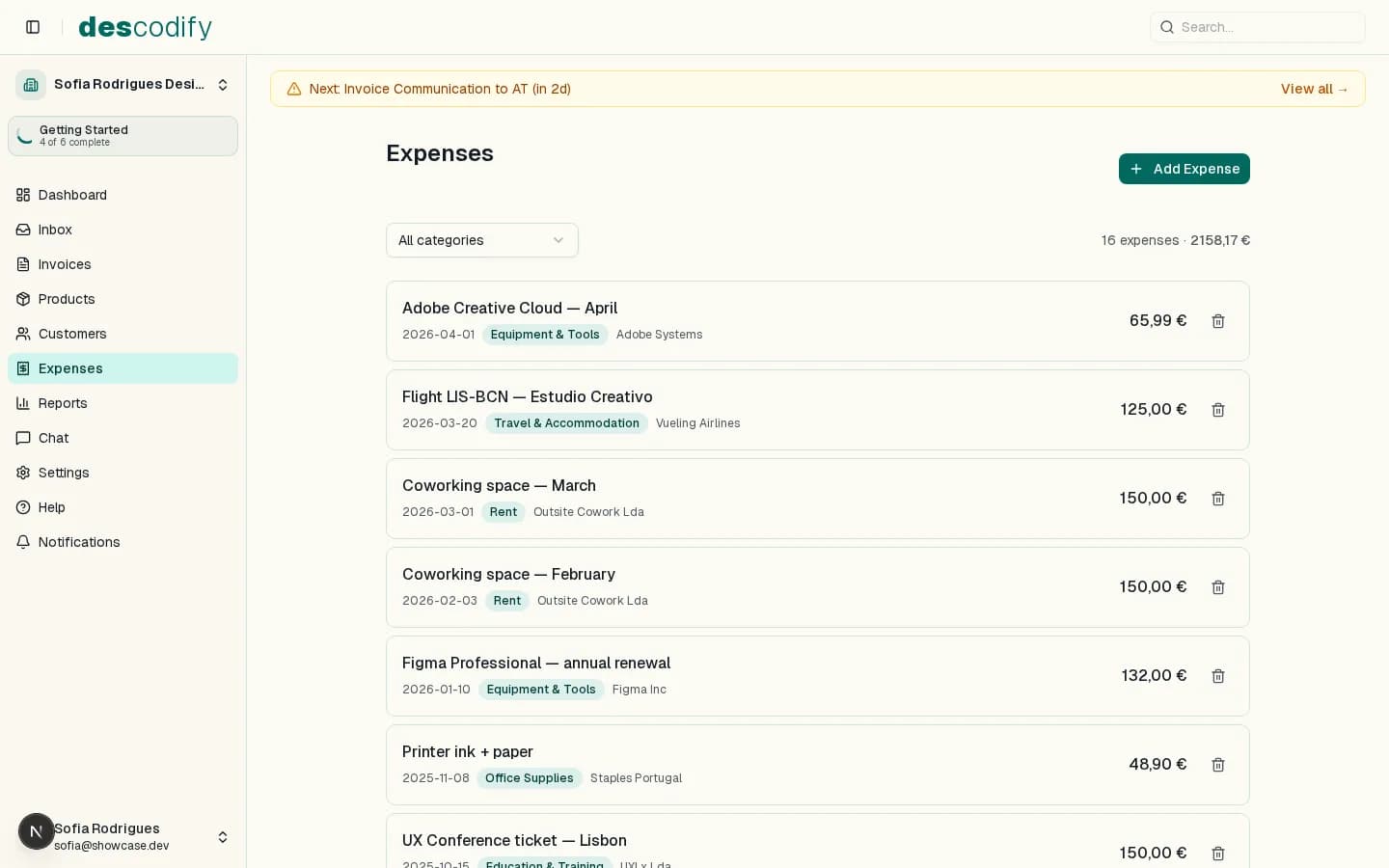 Expense tracking list with categories and 15% proof progress