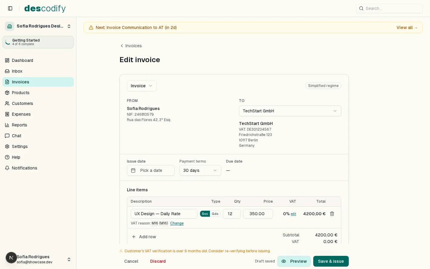 Invoice creation form showing automatic VAT reverse charge for an EU client